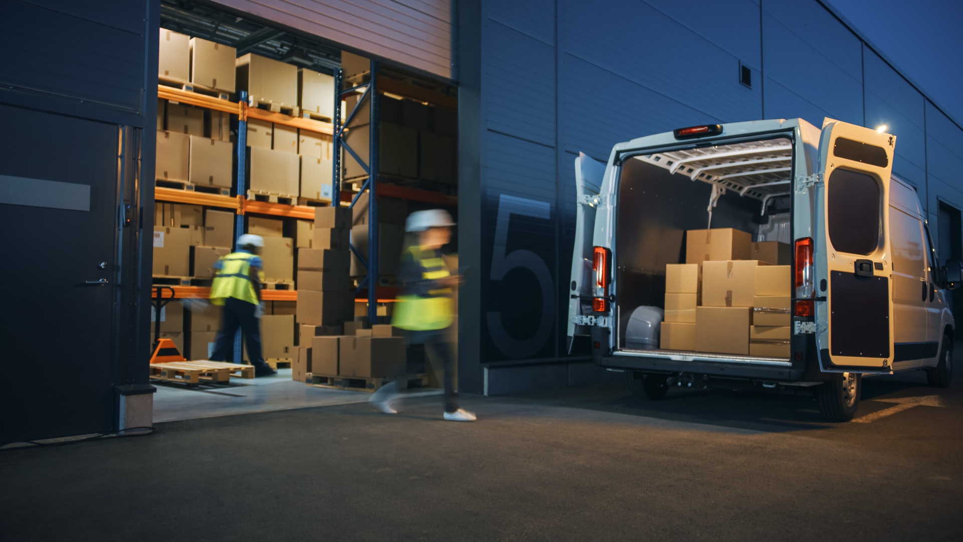 Warehouse loading dock at night
